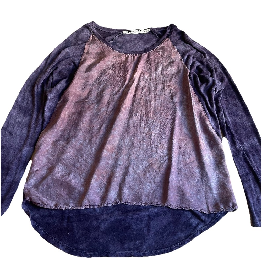 Michael Stars One Size Purple Silk Front Blouse Hi Low Long Sleeve Made In USA